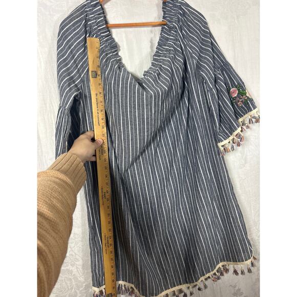 Oddy Shift Dress 3XL NEW Gray White Striped Embroidered Fringe Tassels - Picture 7 of 10
